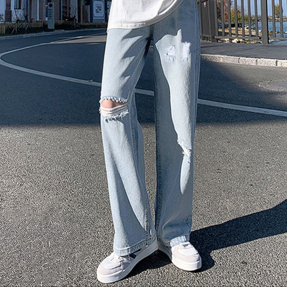 レディースワイドパンツ ハイウエスト ダメージ加工 デニムワイドパンツ