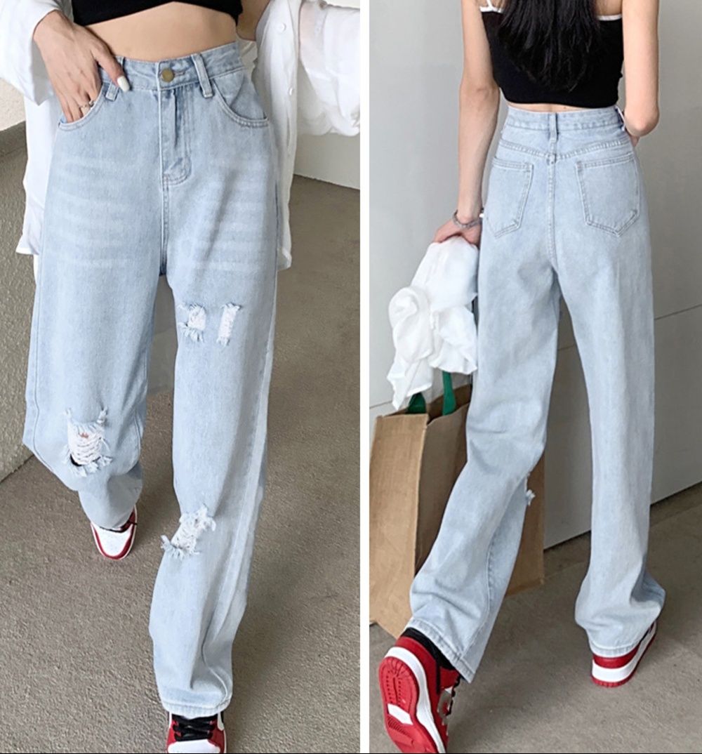 レディースワイドパンツ ハイウエスト ダメージ加工 デニムワイドパンツ