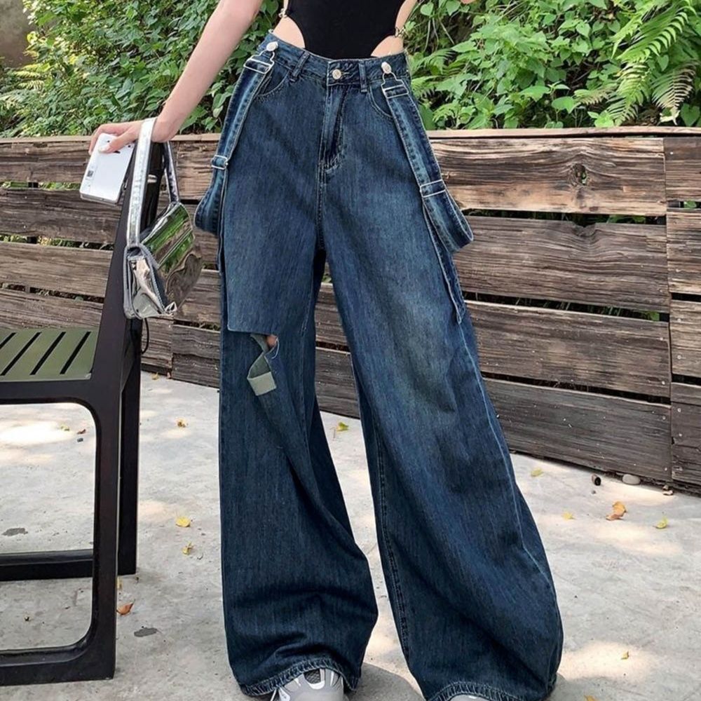 レディースワイドパンツ スリット入りサス付きデニムワイドパンツ