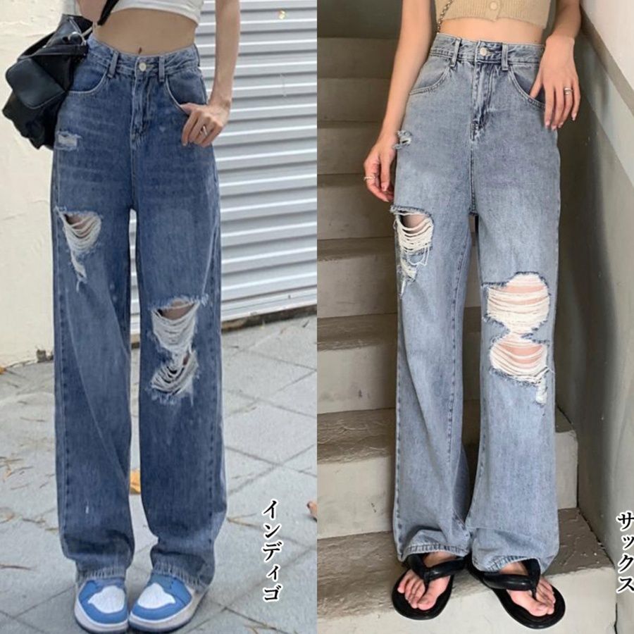 レディースワイドパンツ ハイウエストクラッシュデニムワイドパンツ