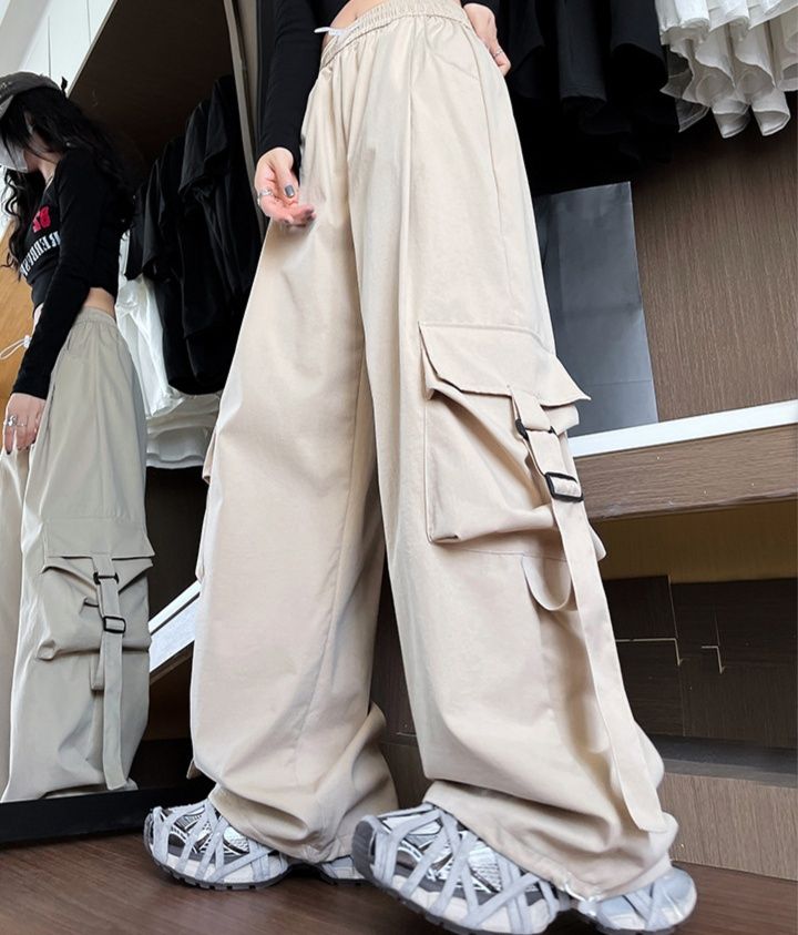 レディースワイドパンツ ポケット付きハイウエストカーゴワイドパンツ