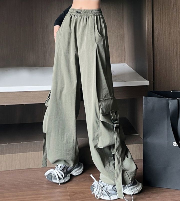 レディースワイドパンツ ポケット付きハイウエストカーゴワイドパンツ