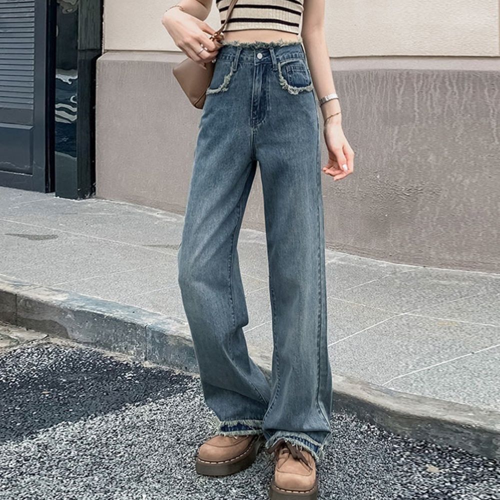 レディースワイドパンツ フリンジ裾 ハイウエスト美脚デニムワイドパンツ