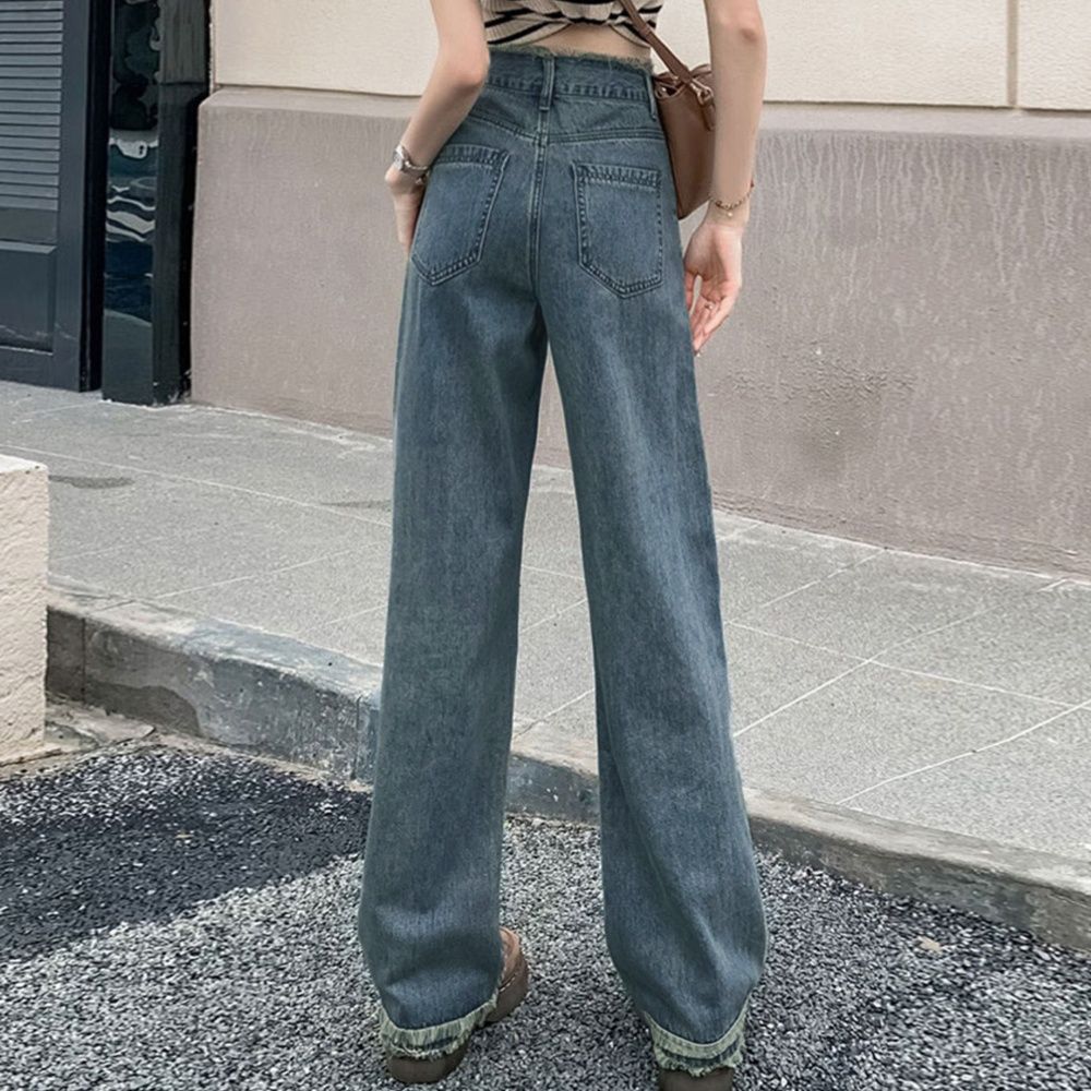 レディースワイドパンツ フリンジ裾 ハイウエスト美脚デニムワイドパンツ