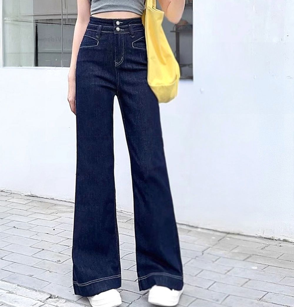 レディースワイドパンツ ハイウエスト美脚デニムワイドパンツ 脚長効果