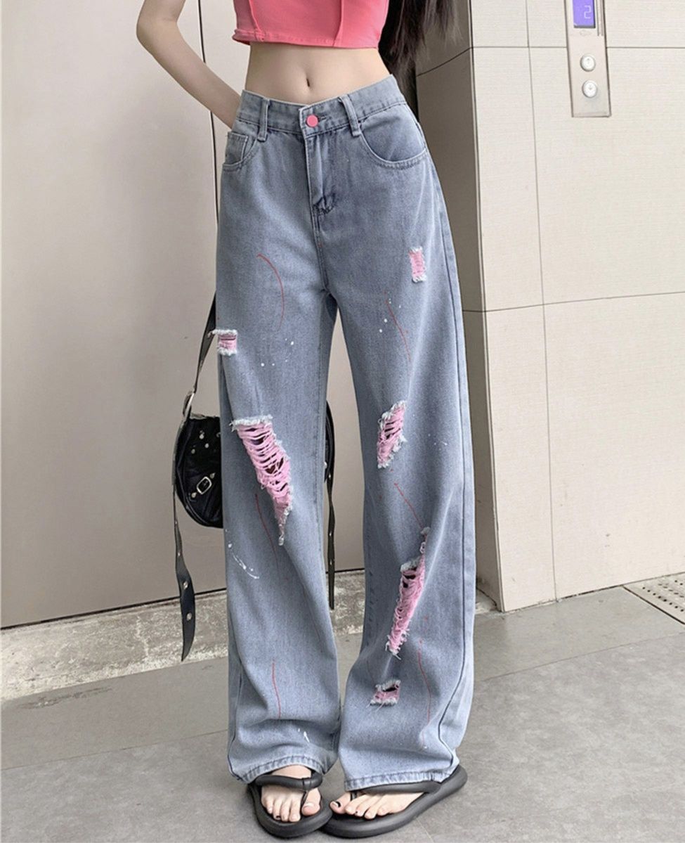 レディースワイドパンツ ピンク加工 ハイウエストデニムワイドパンツ