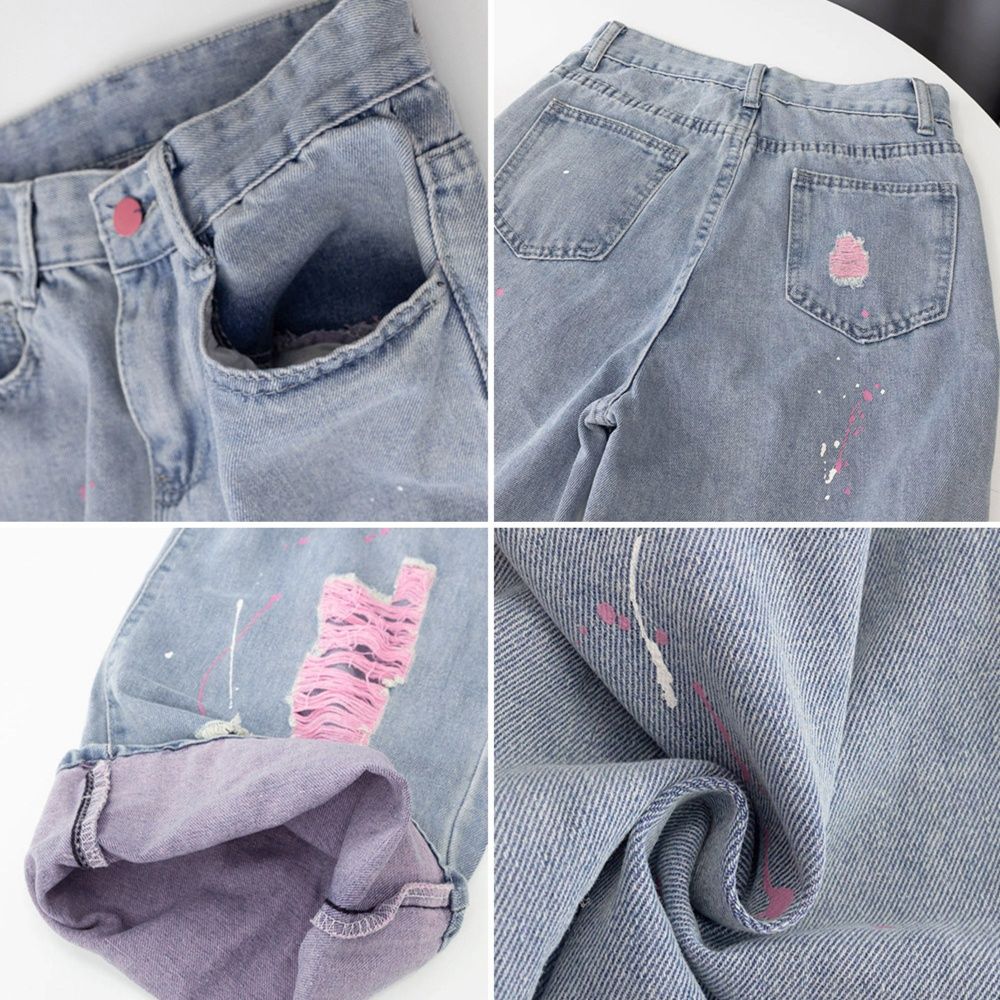 レディースワイドパンツ ピンク加工 ハイウエストデニムワイドパンツ