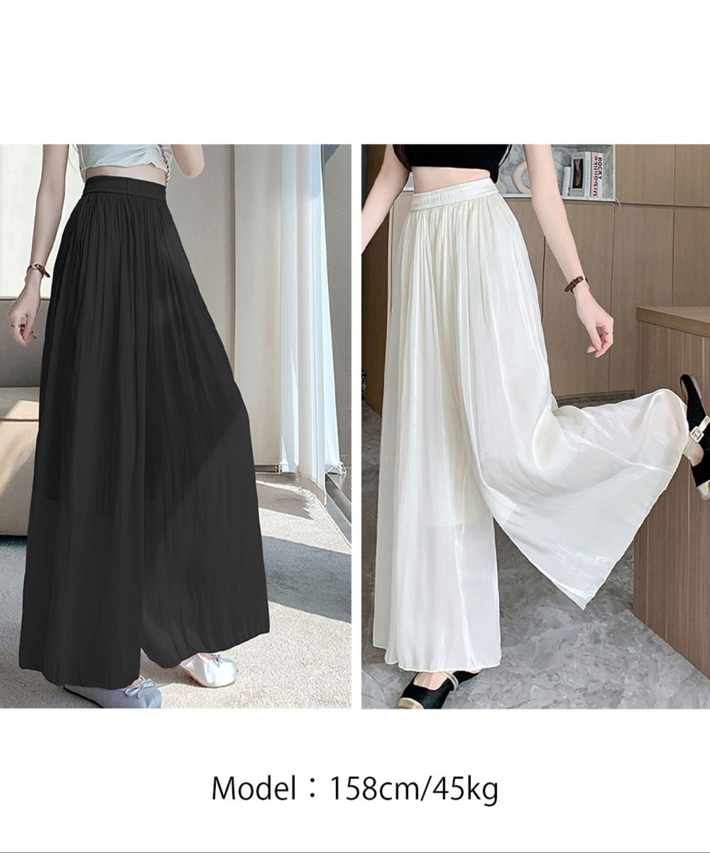 レディースワイドパンツ 光沢シアー冷感スカーチョ ハイウエスト夏パンツ