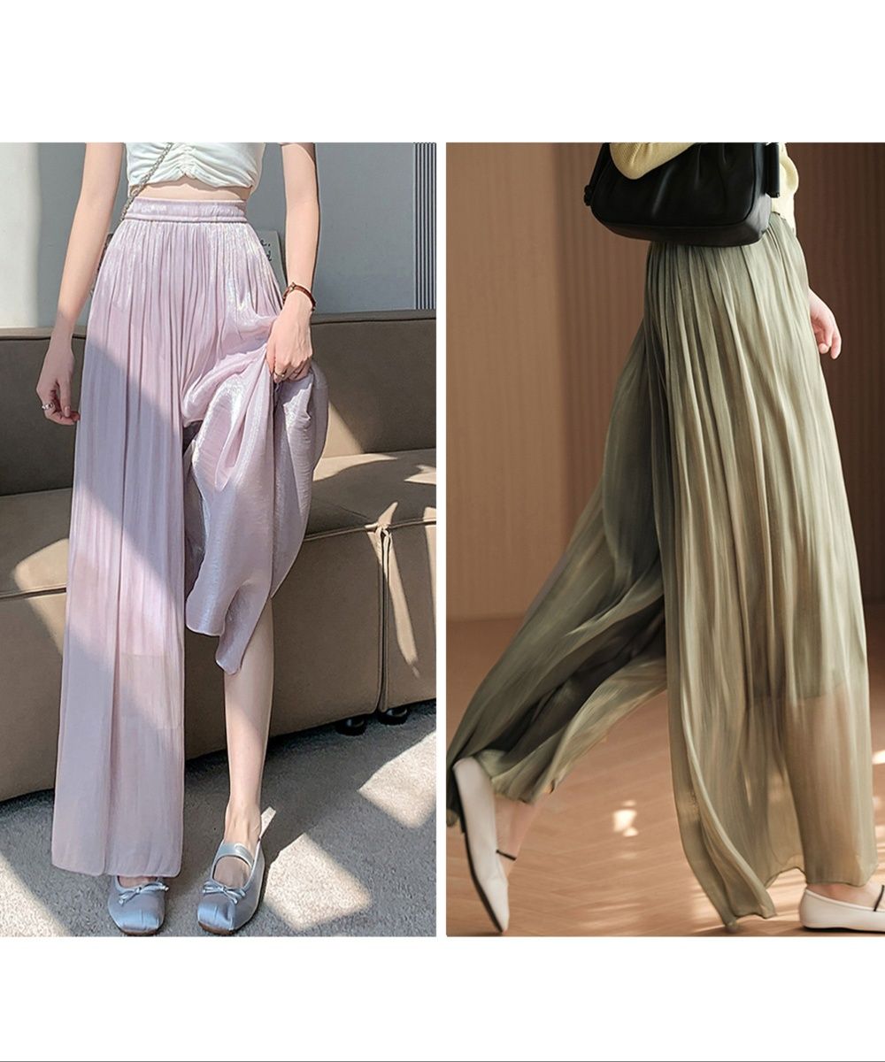 レディースワイドパンツ 光沢シアー冷感スカーチョ ハイウエスト夏パンツ