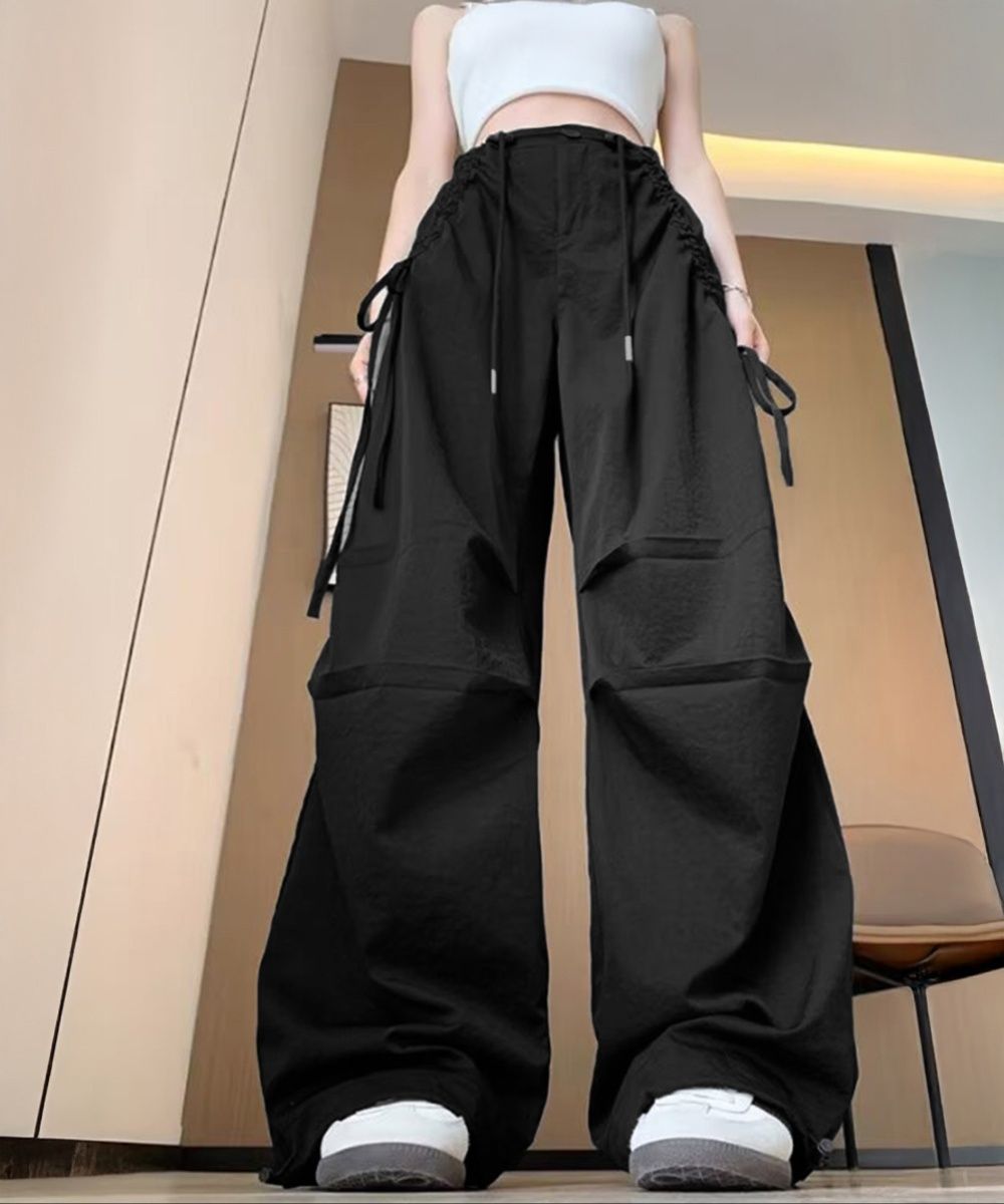 レディースワイドパンツ サイドリボン ワイドカーゴパンツ レディース
