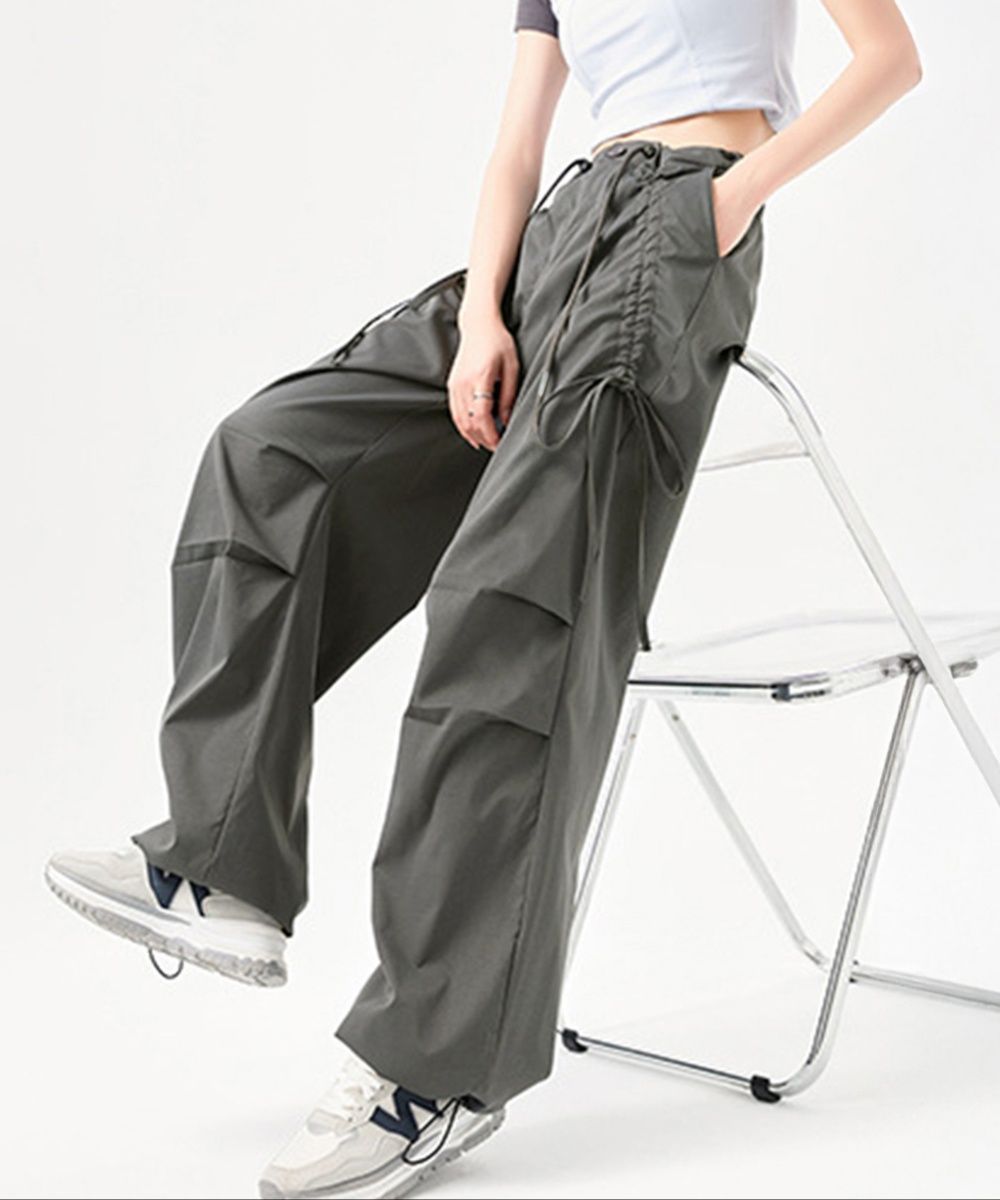レディースワイドパンツ サイドリボン ワイドカーゴパンツ レディース