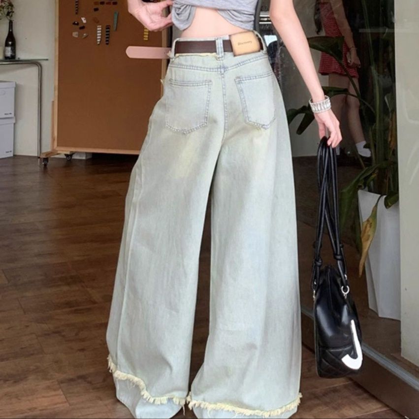 レディースワイドパンツ フリンジ裾 ハイウエストデニムワイドパンツ