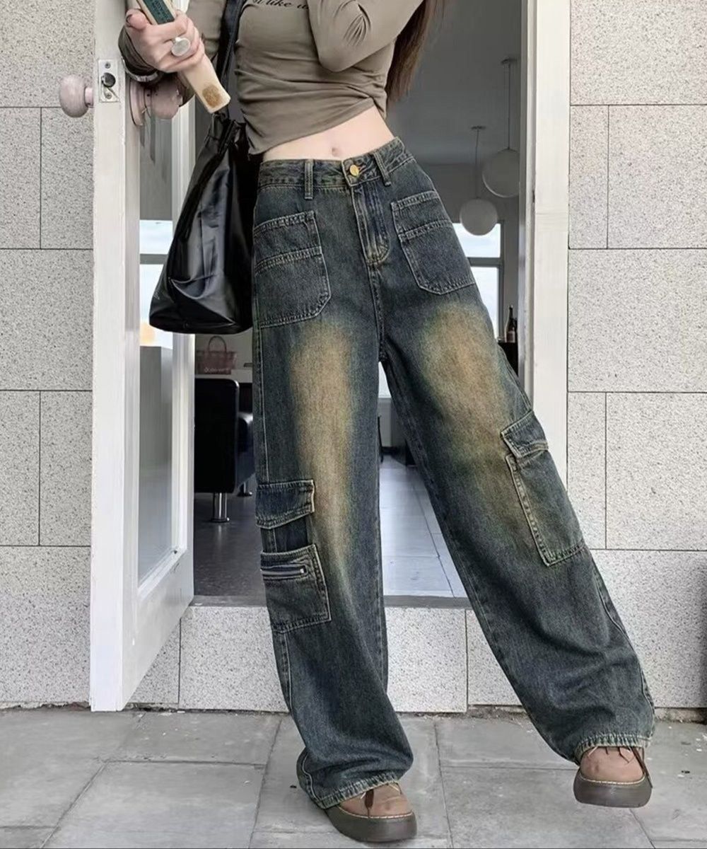レディースワイドパンツ ヴィンテージ風デニムワイドカーゴパンツ レディース