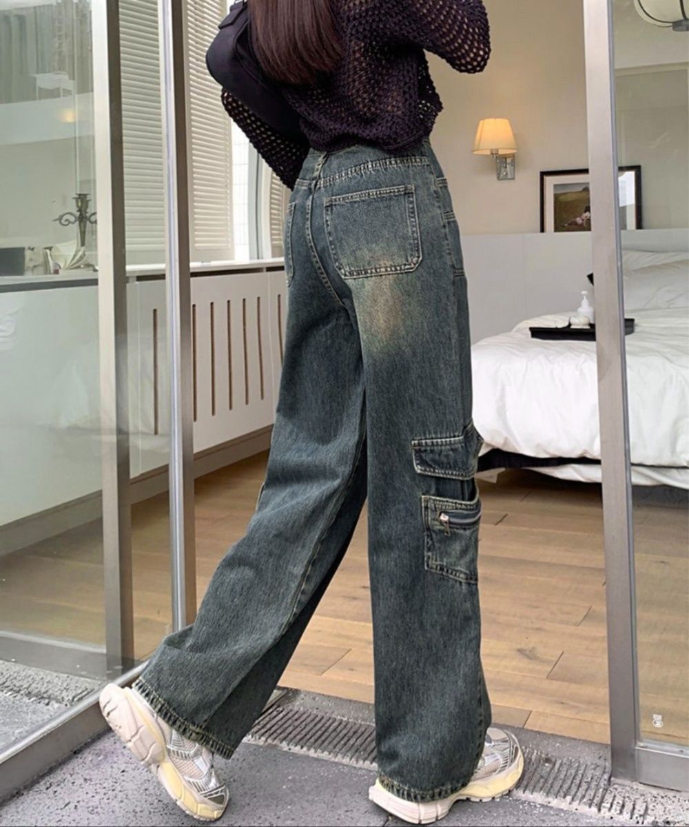 レディースワイドパンツ ヴィンテージ風デニムワイドカーゴパンツ レディース