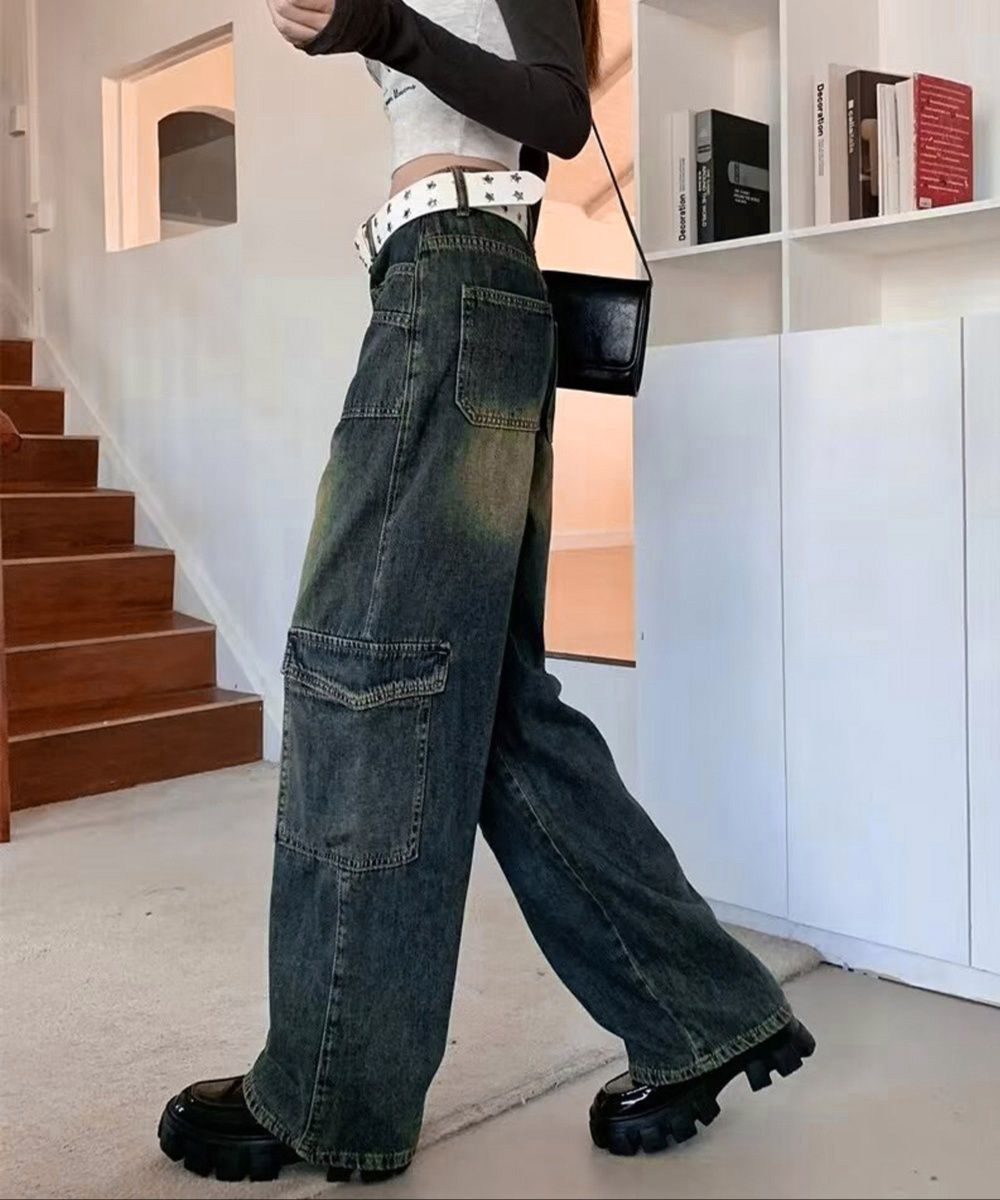 レディースワイドパンツ ヴィンテージ風デニムワイドカーゴパンツ レディース