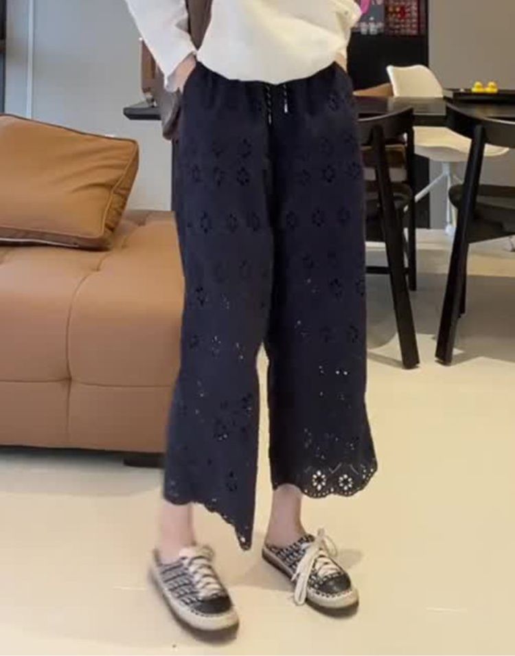 レディースワイドパンツ 花柄レース刺繍ワイドパンツ