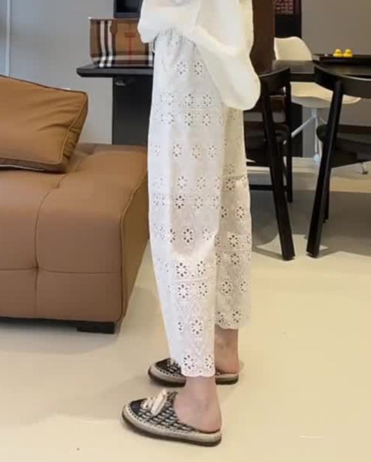 レディースワイドパンツ 花柄レース刺繍ワイドパンツ