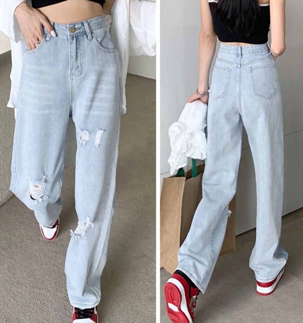 レディースワイドパンツ ハイウエスト ダメージ加工 デニムワイドパンツ
