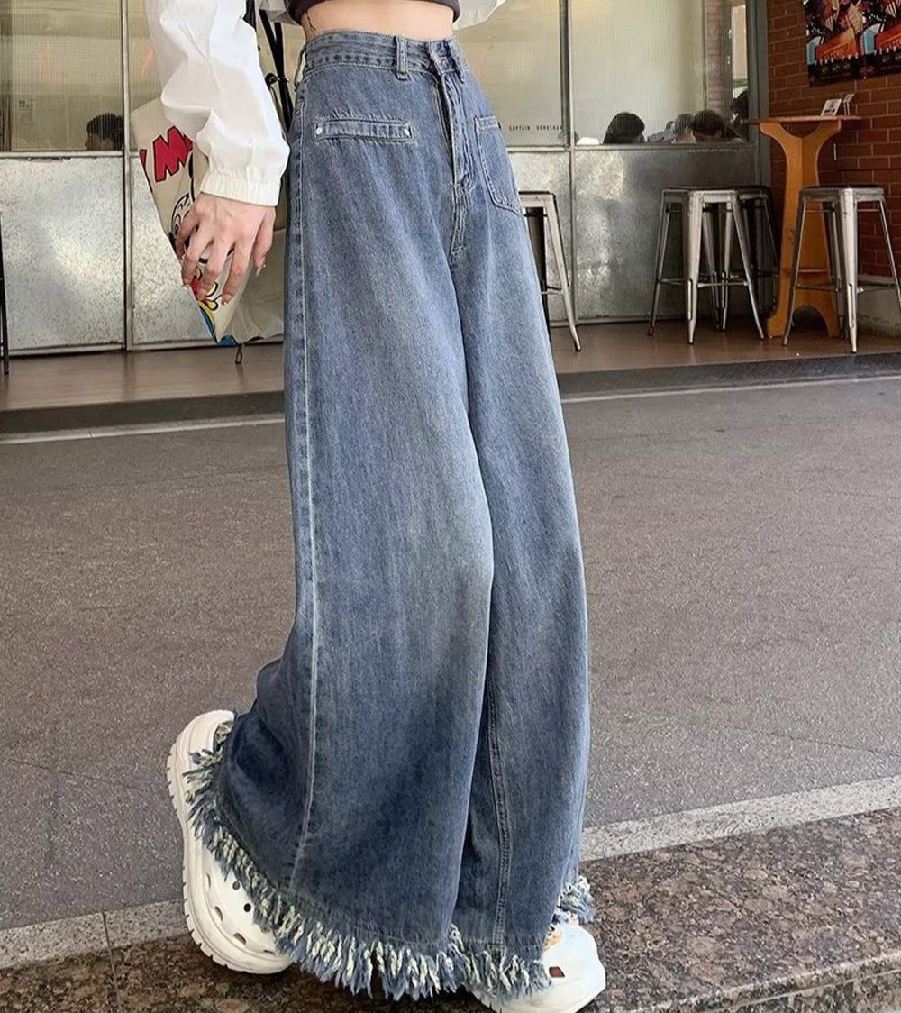 レディースワイドパンツ 裾フリンジ デニムワイドパンツ 美脚効果
