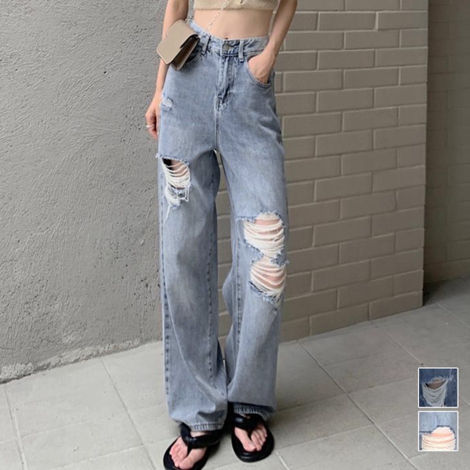 レディースワイドパンツ ハイウエストクラッシュデニムワイドパンツ
