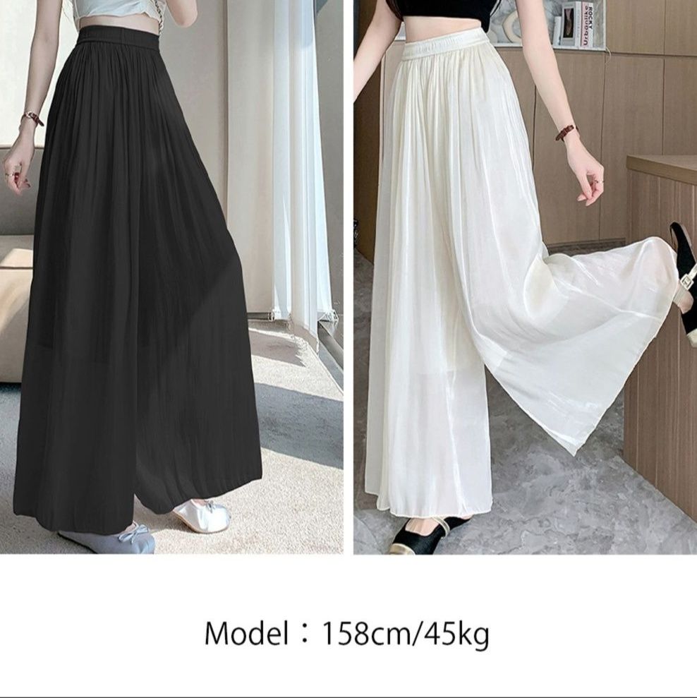 レディースワイドパンツ 光沢シアー冷感スカーチョ ハイウエスト夏パンツ