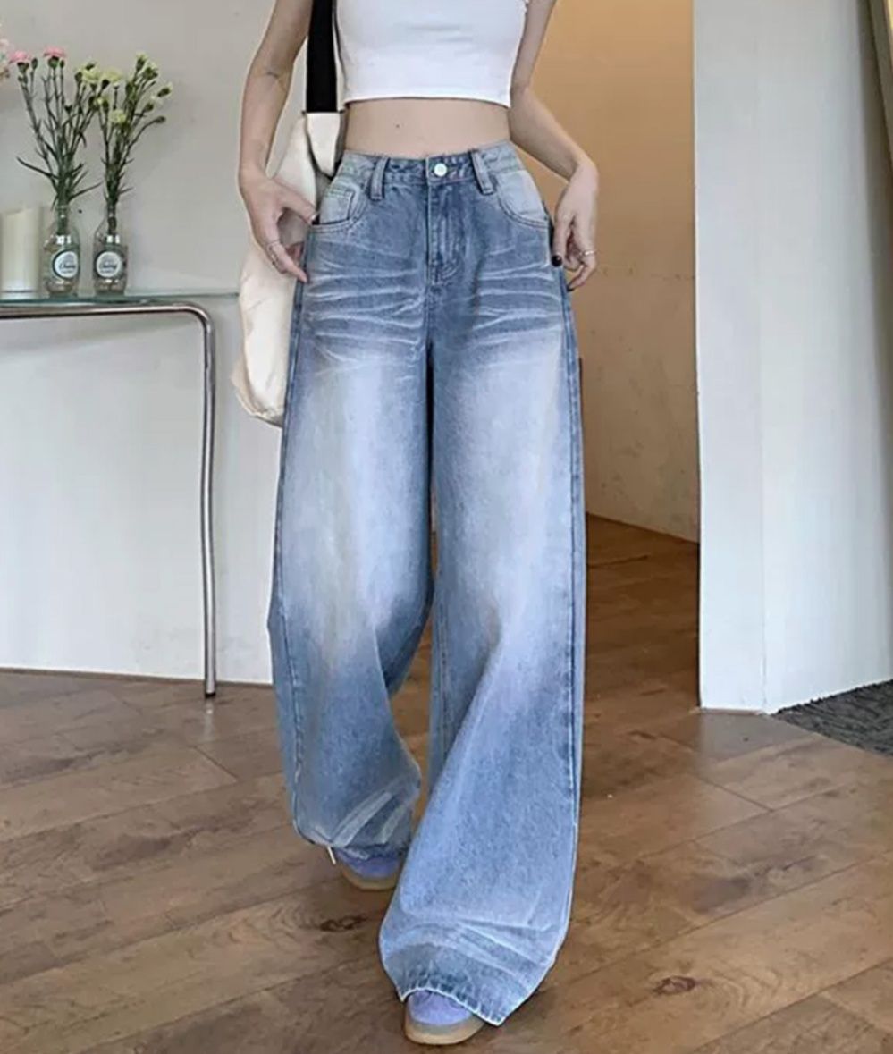 レディースワイドパンツ 美脚効果 ヴィンテージ風デニムワイドパンツ