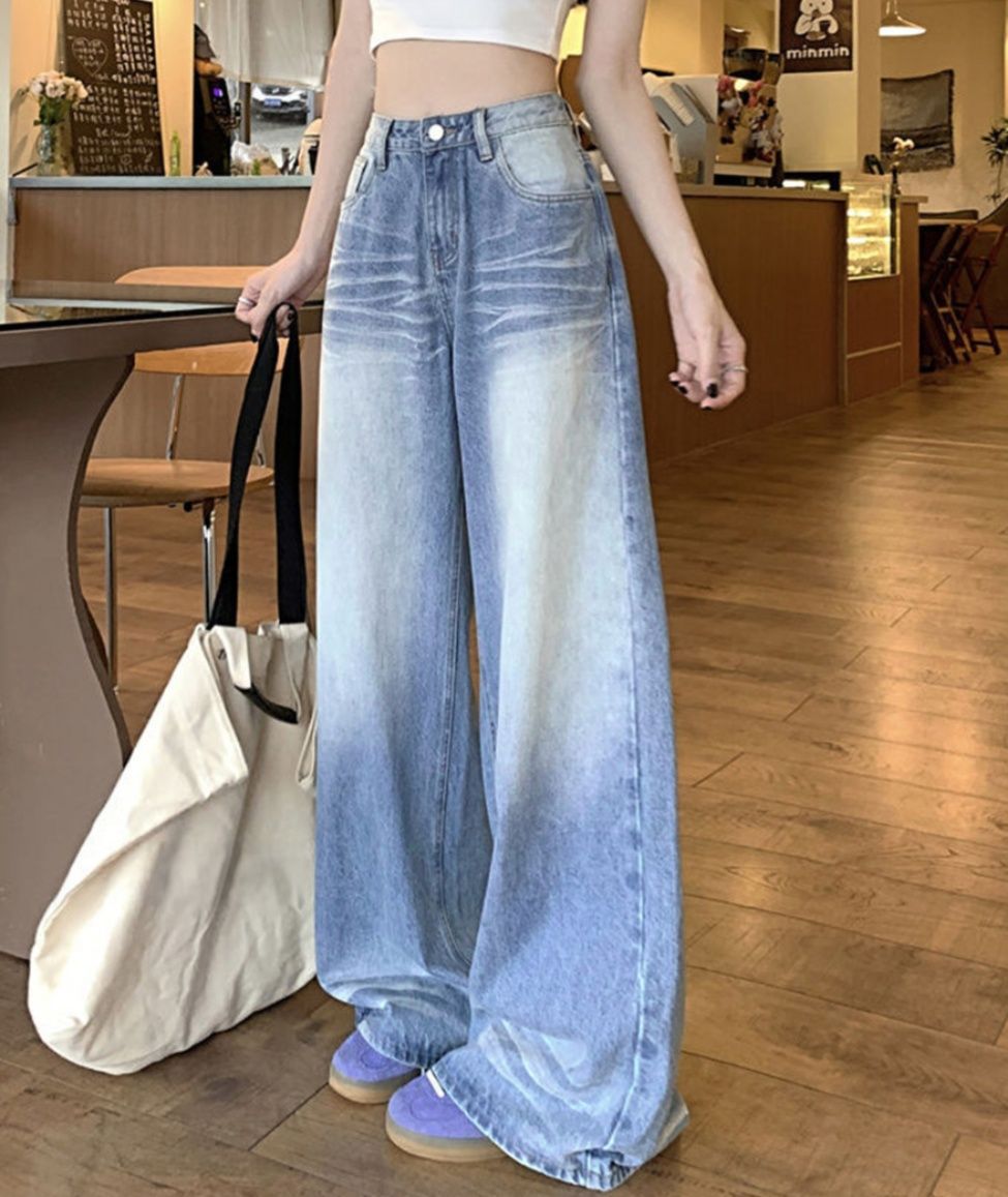 レディースワイドパンツ 美脚効果 ヴィンテージ風デニムワイドパンツ