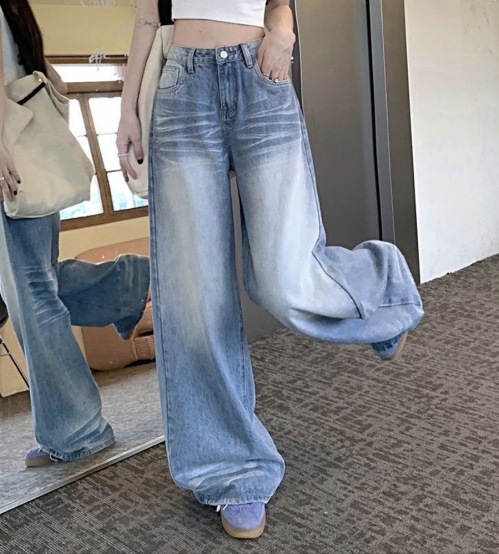 レディースワイドパンツ 美脚効果 ヴィンテージ風デニムワイドパンツ