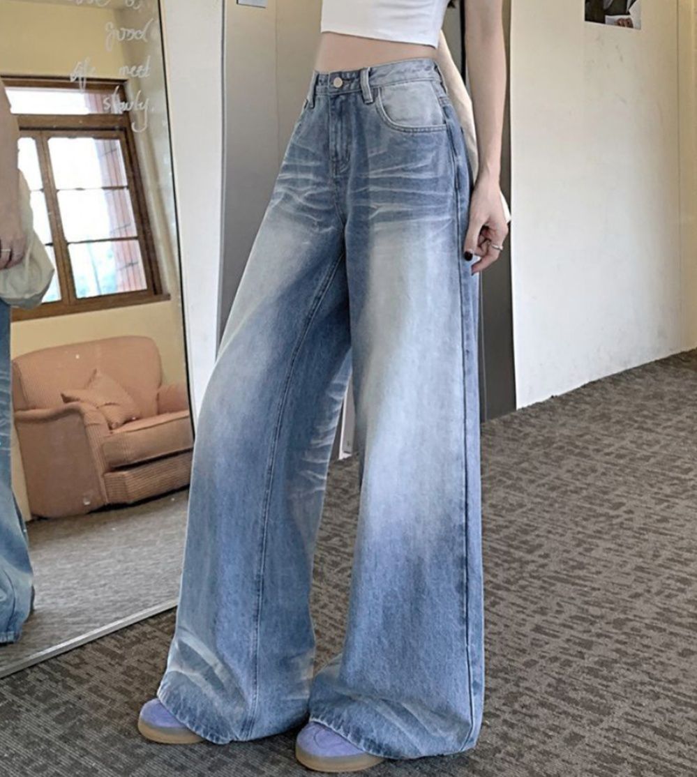 レディースワイドパンツ 美脚効果 ヴィンテージ風デニムワイドパンツ