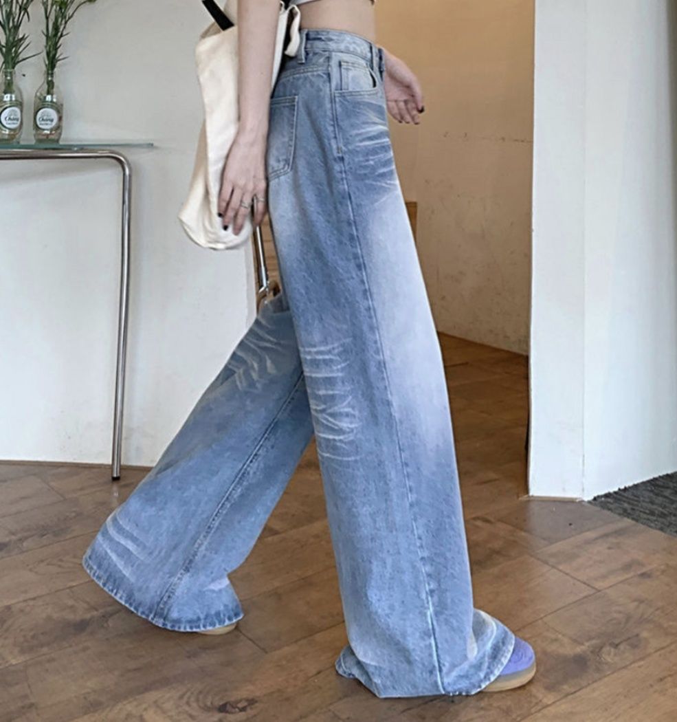 レディースワイドパンツ 美脚効果 ヴィンテージ風デニムワイドパンツ