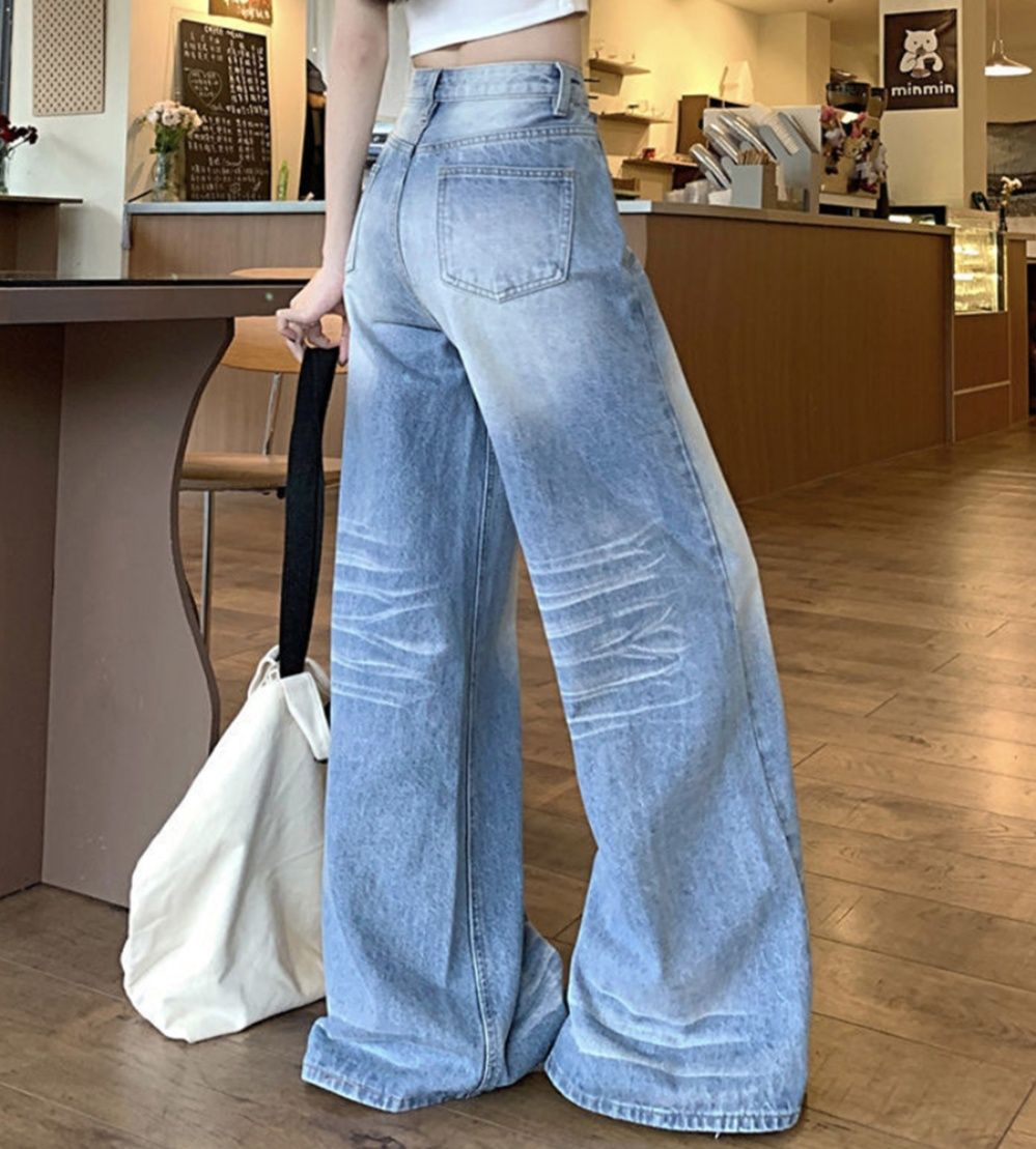 レディースワイドパンツ 美脚効果 ヴィンテージ風デニムワイドパンツ