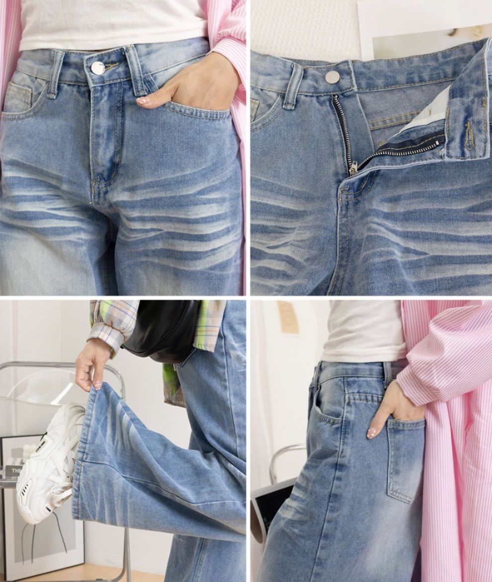 レディースワイドパンツ 美脚効果 ヴィンテージ風デニムワイドパンツ