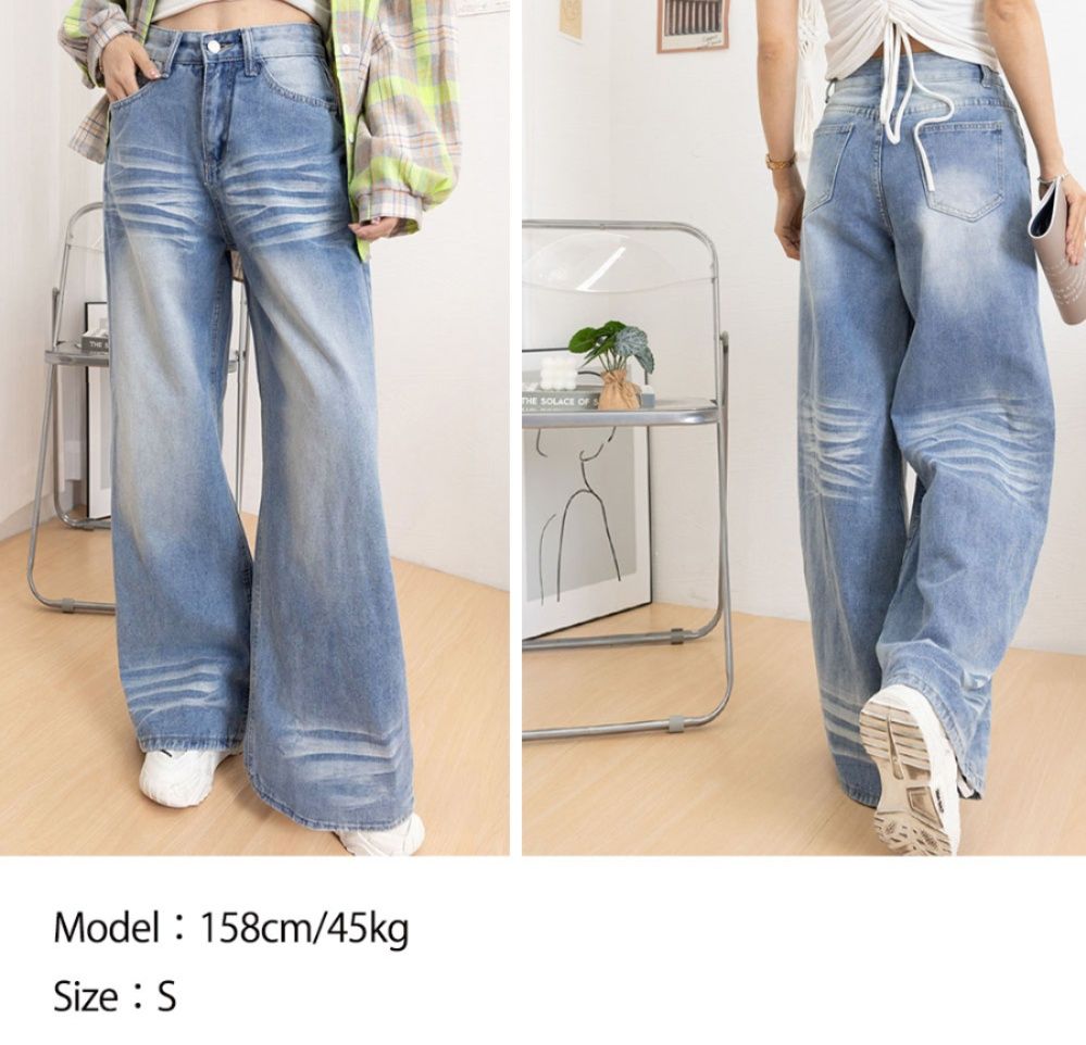レディースワイドパンツ 美脚効果 ヴィンテージ風デニムワイドパンツ