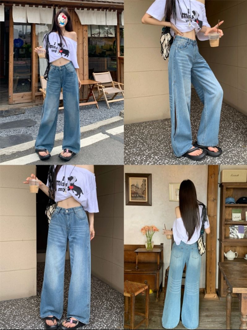 レディースワイドパンツ 韓国風 ハイウエスト デニムワイドパンツ 美脚スタイル
