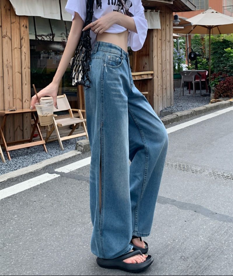 レディースワイドパンツ 韓国風 ハイウエスト デニムワイドパンツ 美脚スタイル