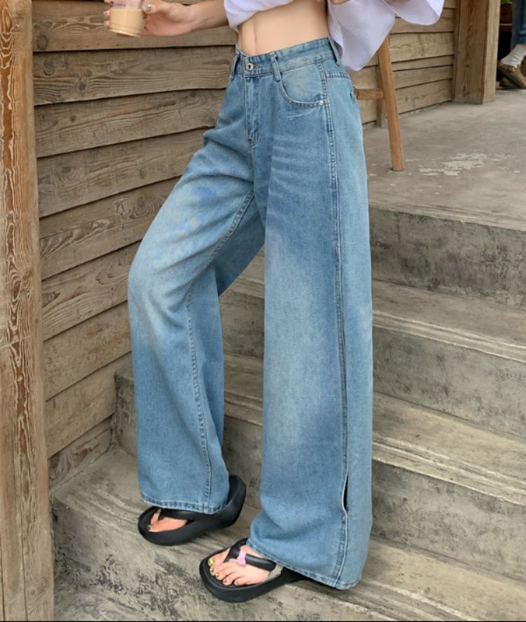 レディースワイドパンツ 韓国風 ハイウエスト デニムワイドパンツ 美脚スタイル
