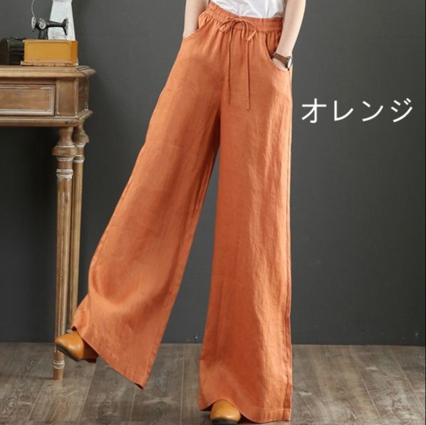 レディースワイドパンツ 綿麻混 ゆとりシルエット リネンワイドパンツ 全８色