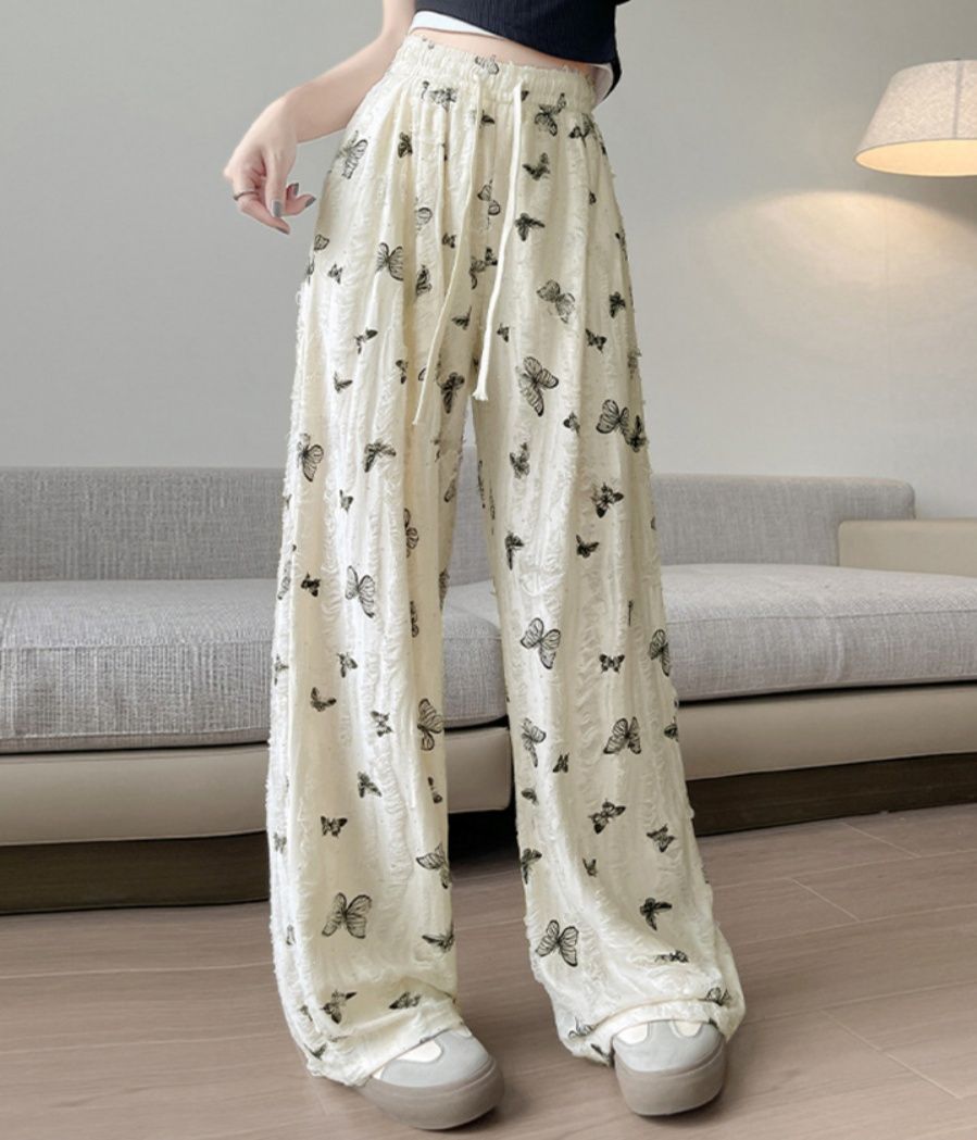 レディースワイドパンツ 華やか蝶柄ワイドパンツ 夏用ダメージ加工