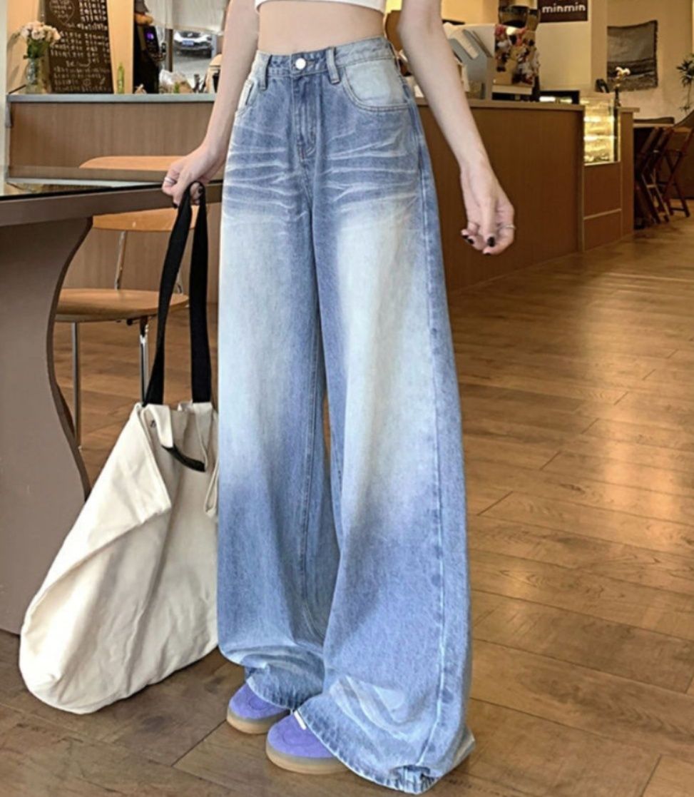 レディースワイドパンツ 美脚効果 ヴィンテージ風デニムワイドパンツ