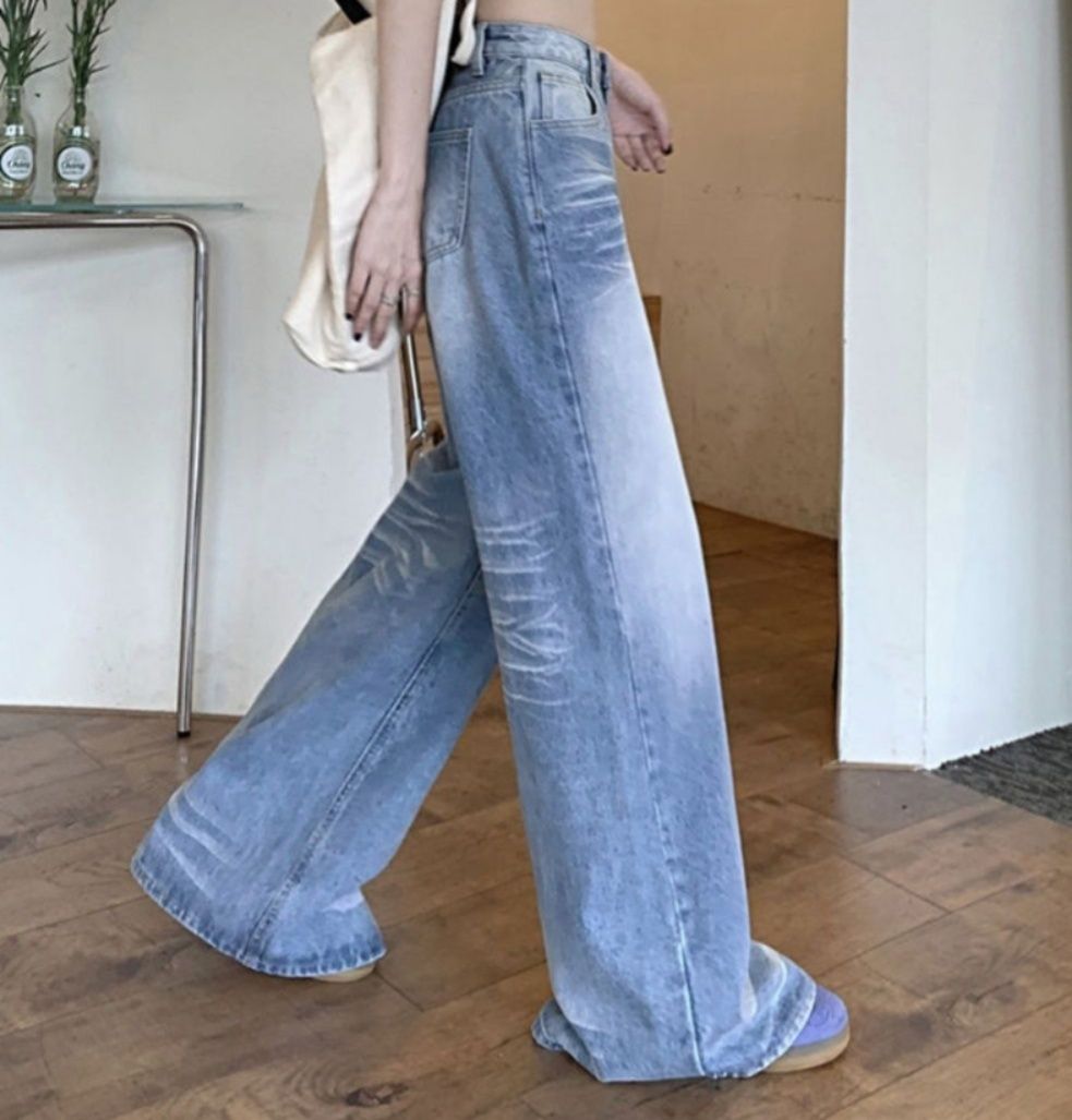 レディースワイドパンツ 美脚効果 ヴィンテージ風デニムワイドパンツ