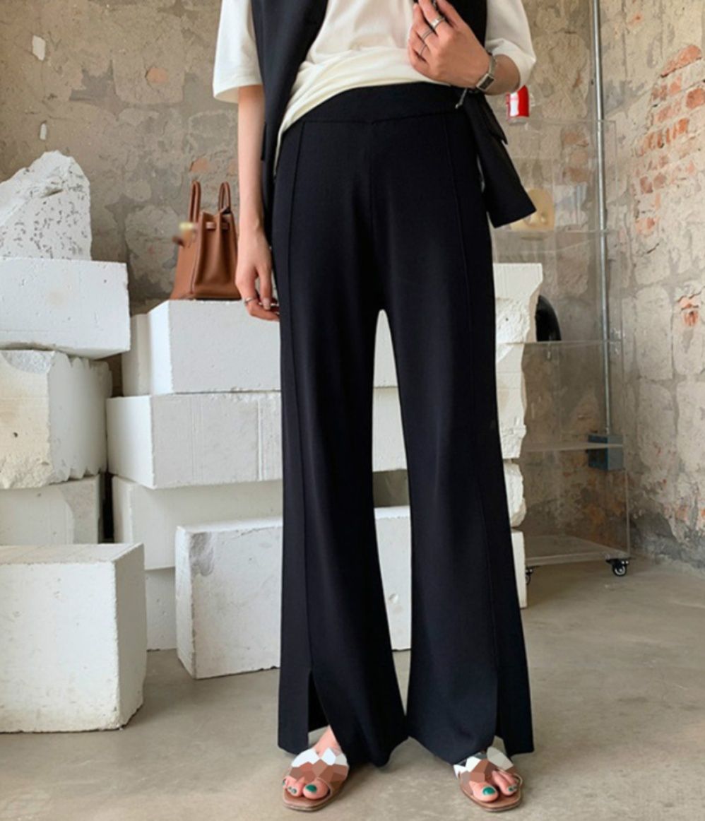 レディースワイドパンツ センタープレス ニットワイドパンツ スリット入り