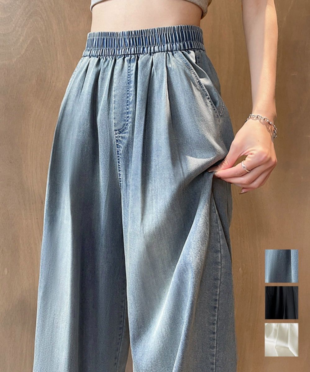 レディースワイドパンツ 美脚タック入りデニムワイドパンツ