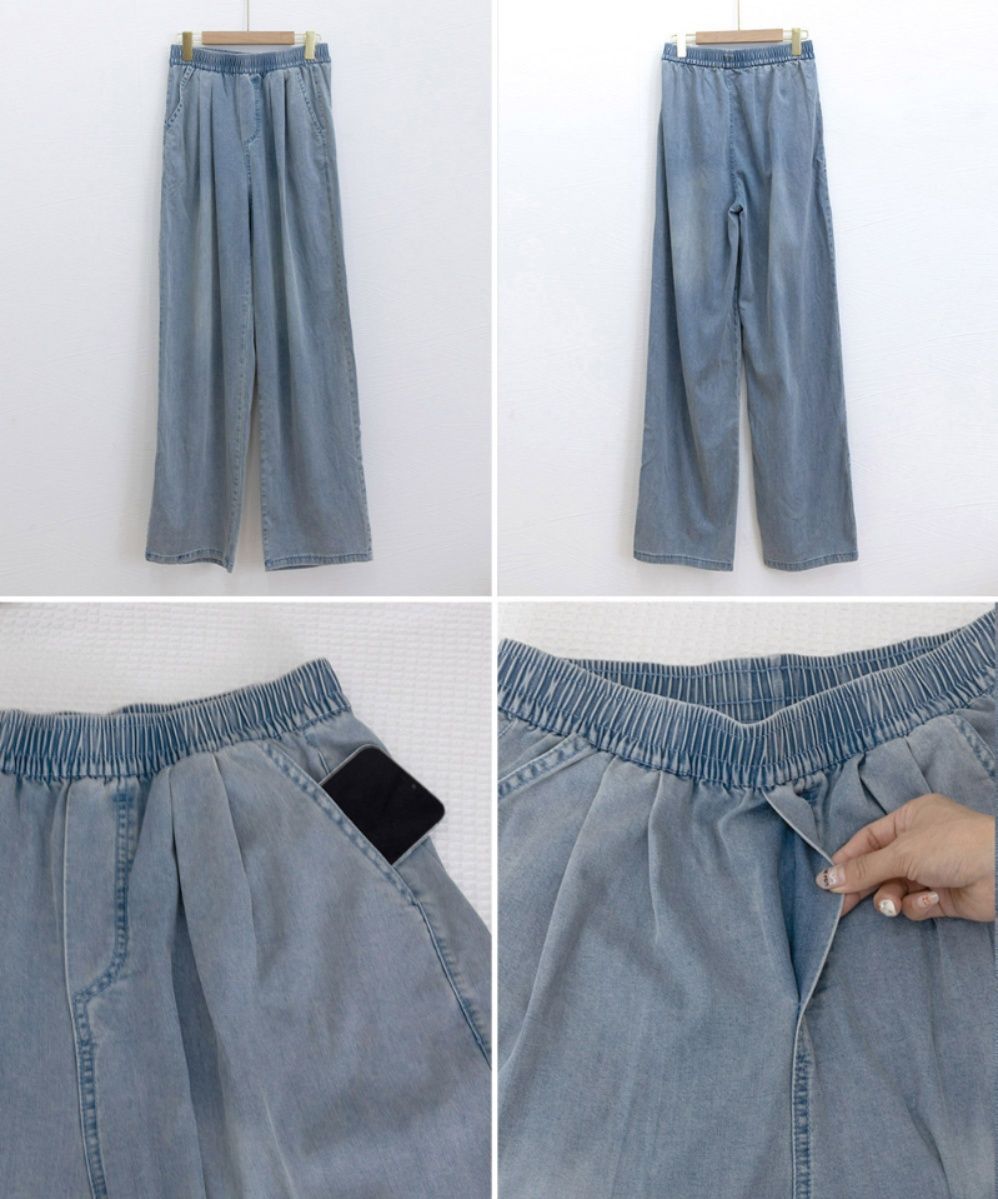 レディースワイドパンツ 美脚タック入りデニムワイドパンツ