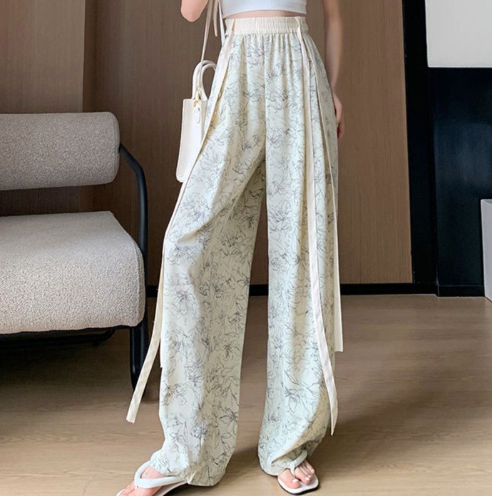 レディースワイドパンツ 花柄ハイウエストワイドパンツ リボン付き