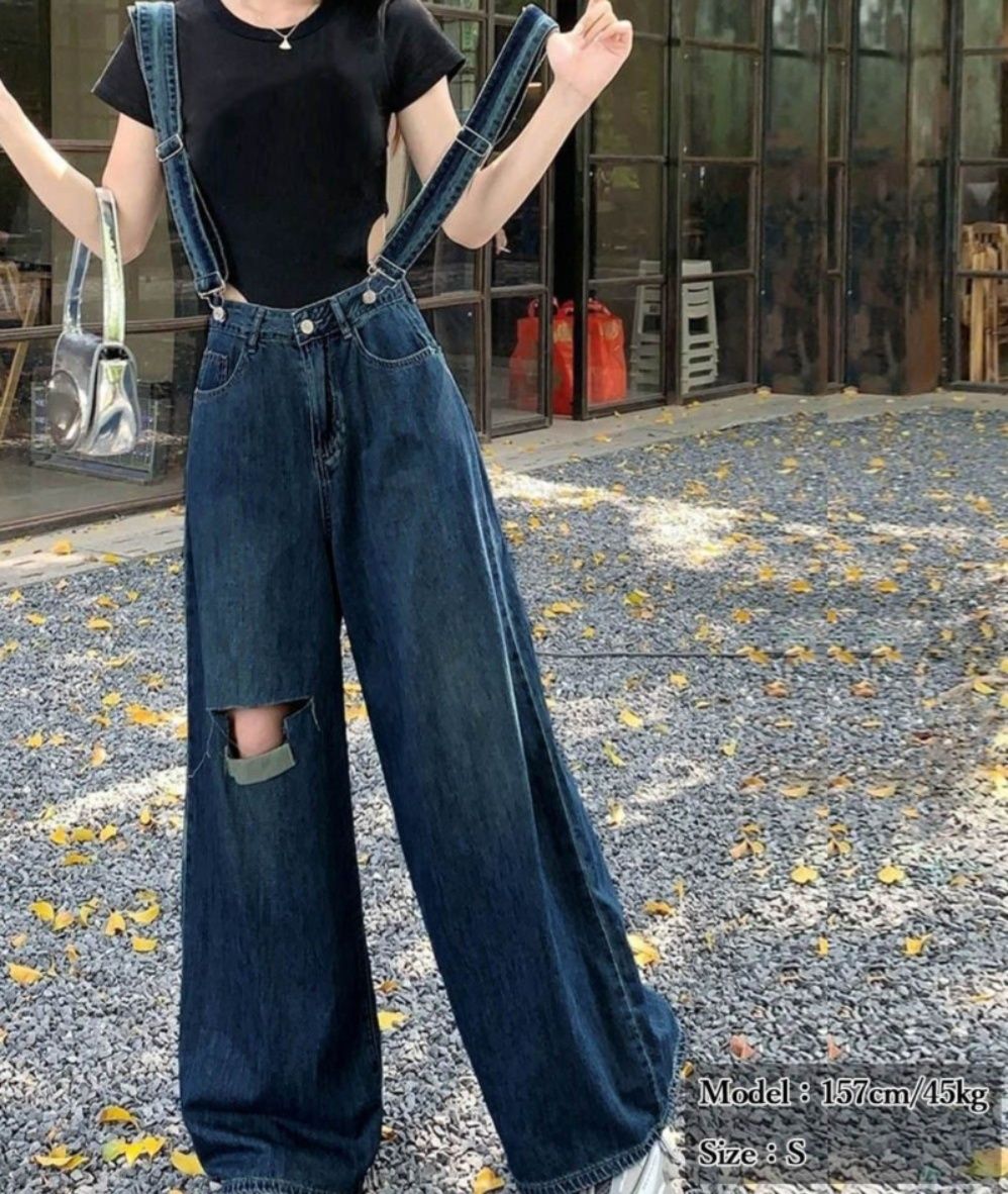 レディースワイドパンツ スリット入りサス付きデニムワイドパンツ