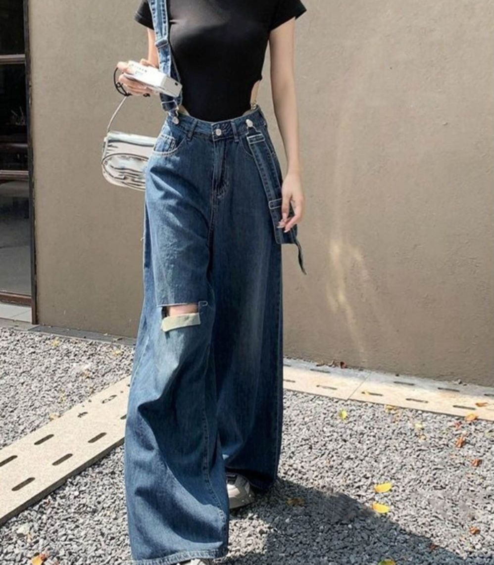 レディースワイドパンツ スリット入りサス付きデニムワイドパンツ