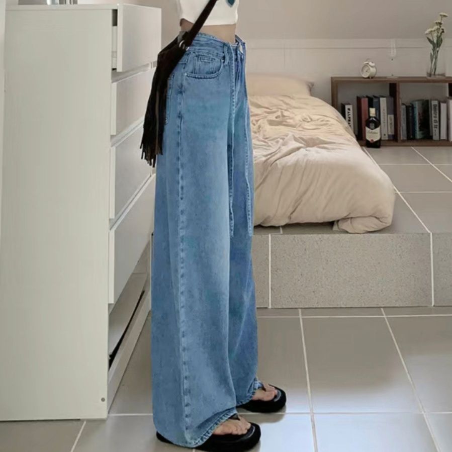 レディースワイドパンツ ハイウエスト紐付きデニムワイドパンツ