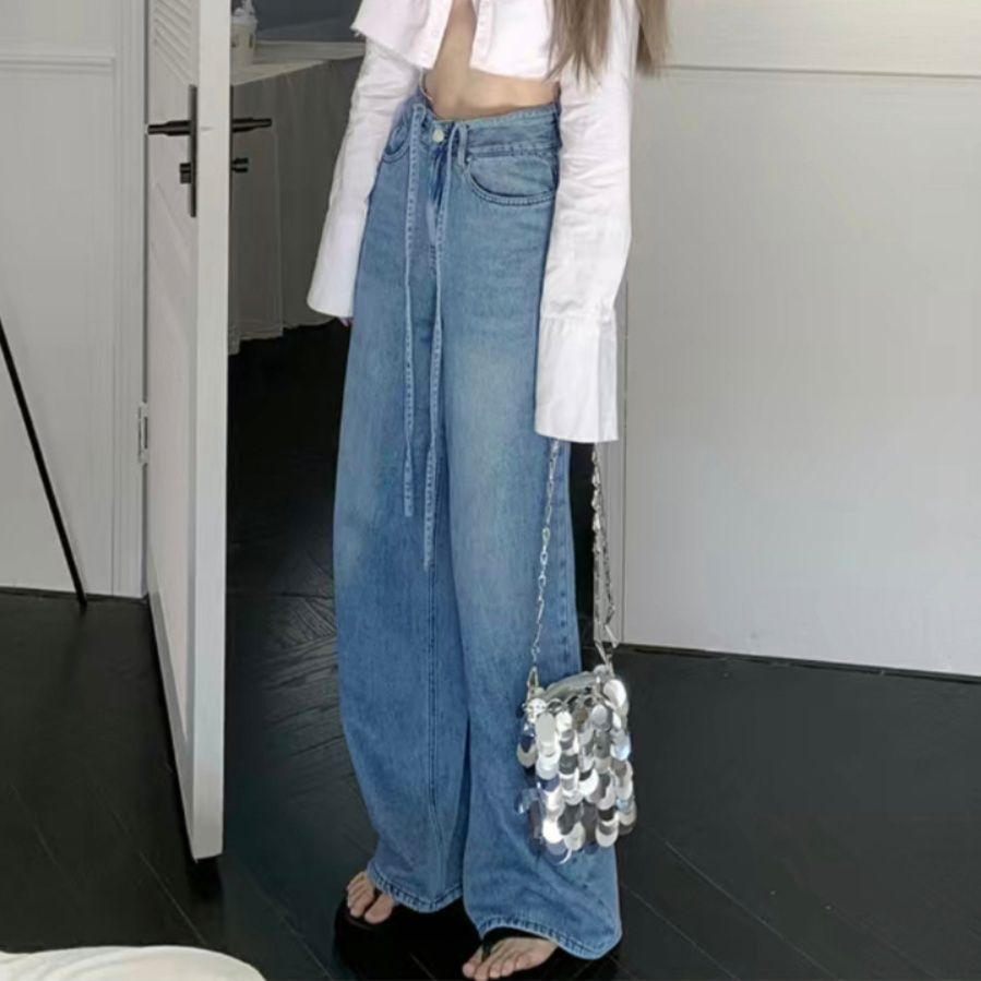 レディースワイドパンツ ハイウエスト紐付きデニムワイドパンツ
