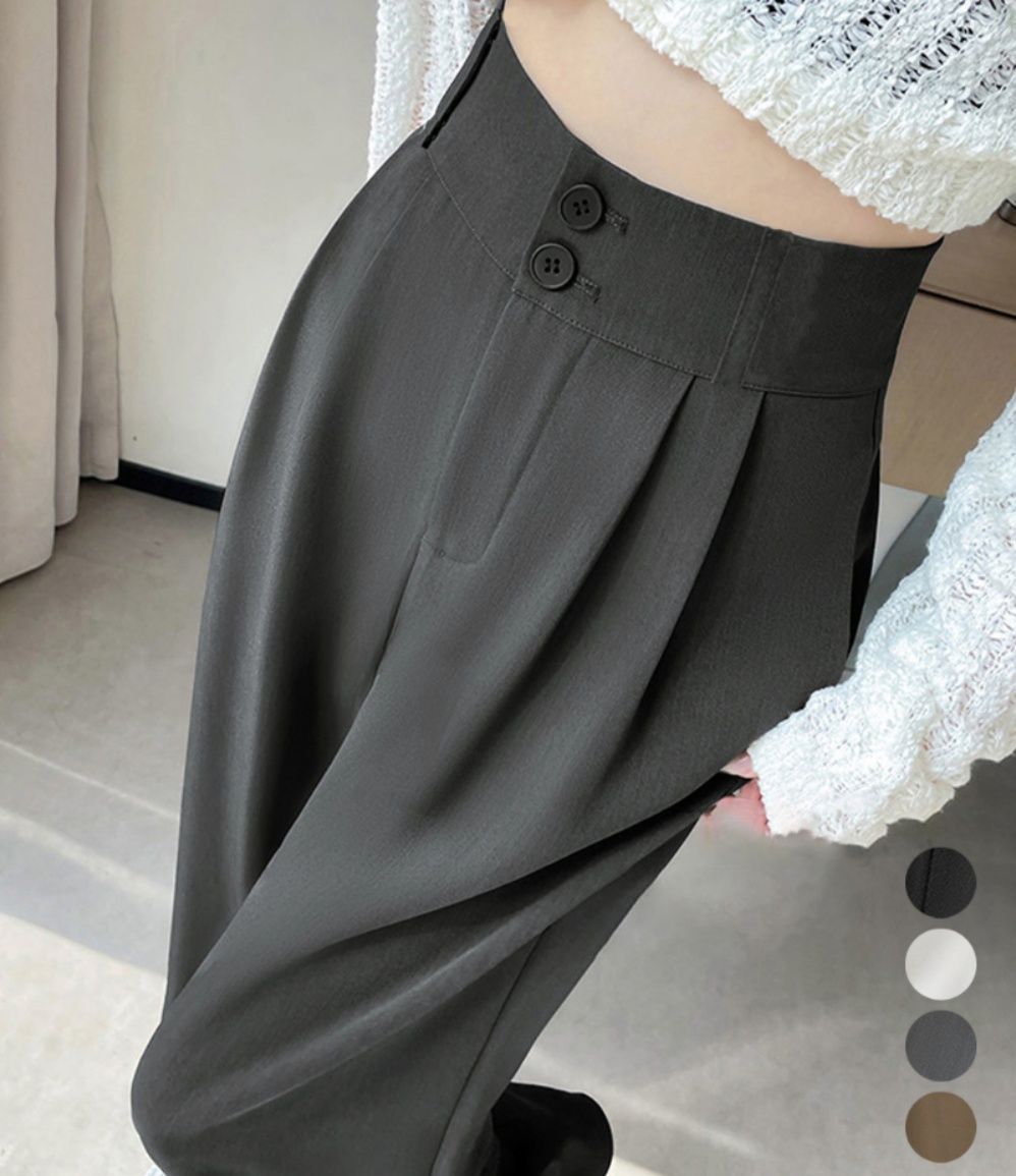 レディースワイドパンツ ハイウエスト タックワイドパンツ ダブルボタン