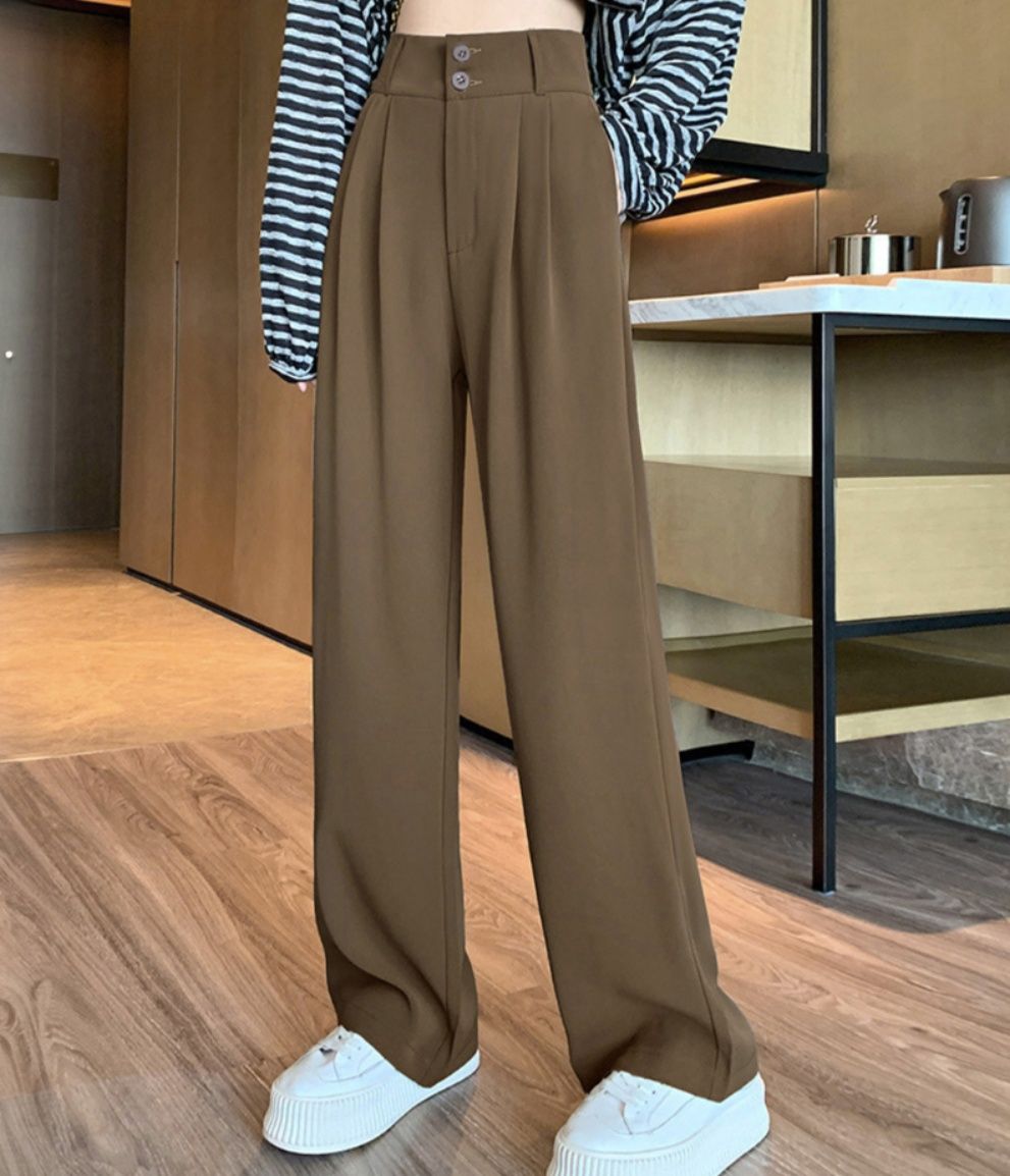 レディースワイドパンツ ハイウエスト タックワイドパンツ ダブルボタン